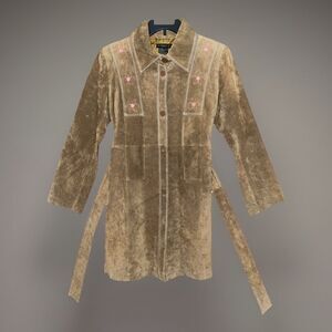 PIGALLE Women Large Suede Leather Trench Coat Belted Floral Embroidered Boho 70s